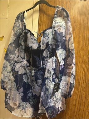 Lulu's Navy Floral Puff-Sleeve Sheer Corset Tunic